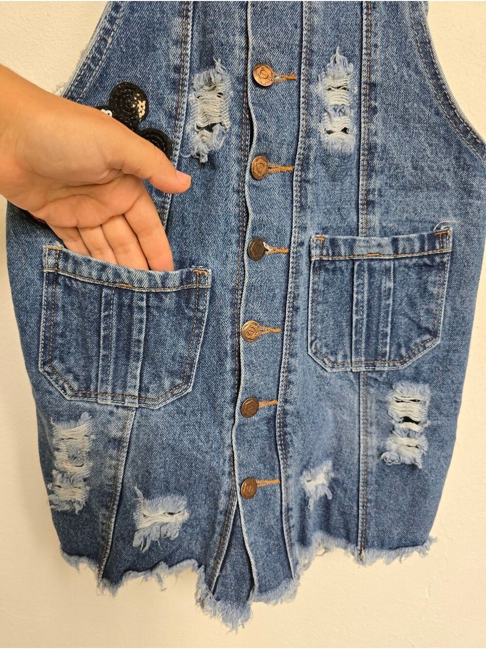 Disney Mickey Mouse Denim Overall Dress RX Jeans Distressed Size Medium - Picture 10 of 17